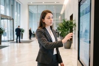 Jeune femme en costume interagit avec un écran tactile dans un bureau