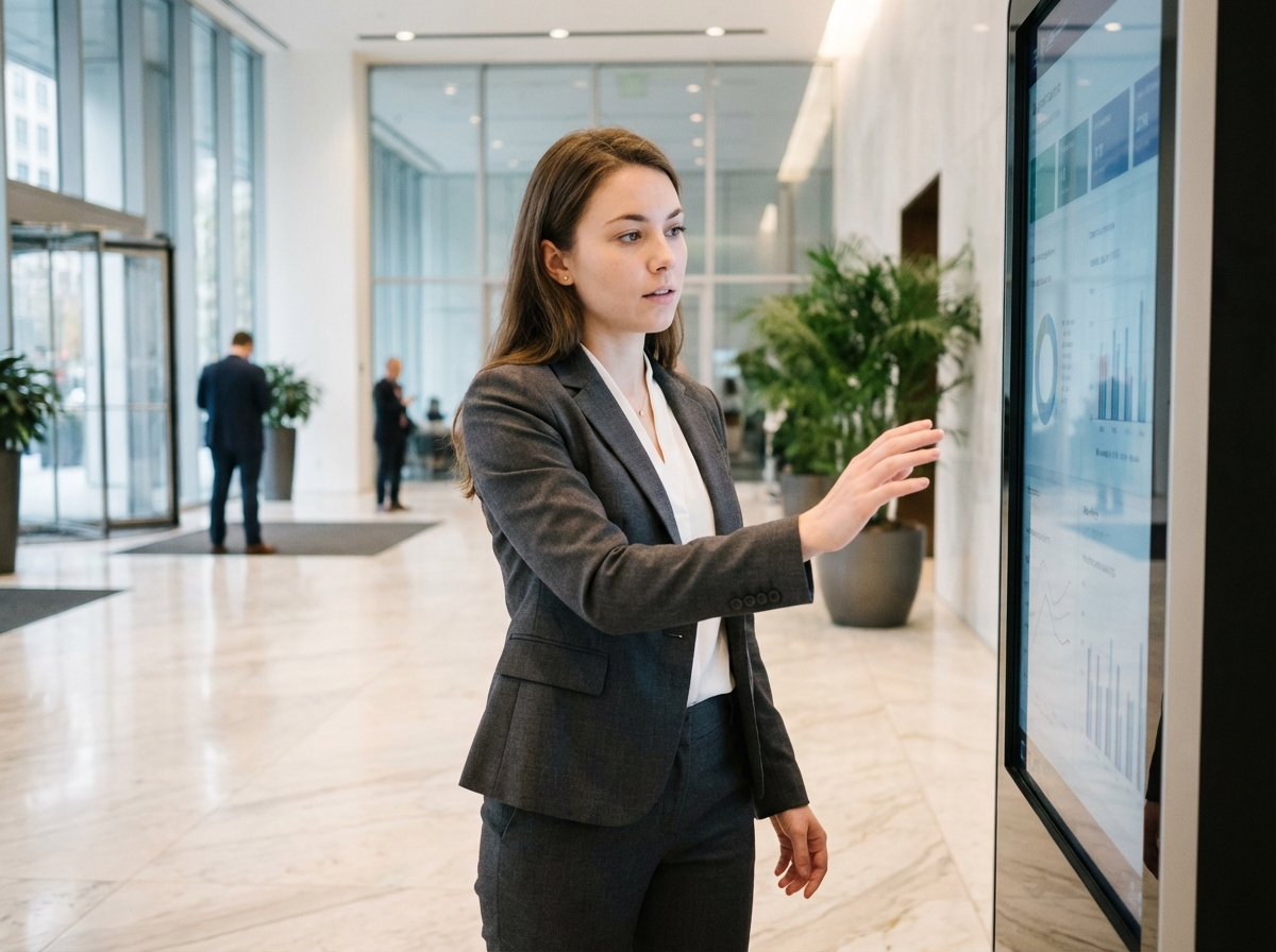 Jeune femme en costume interagit avec un écran tactile dans un bureau
