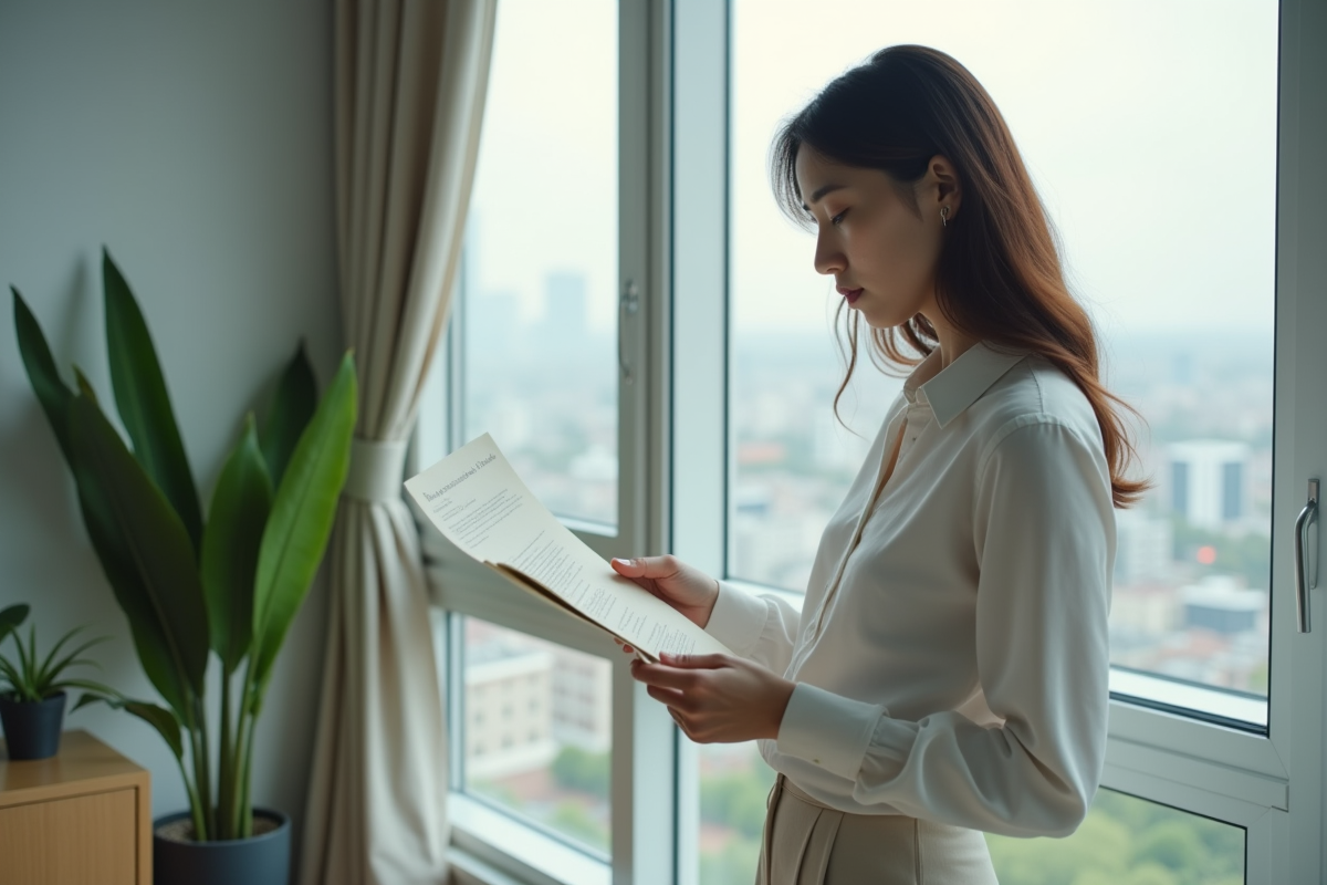 Jeune femme lisant une lettre dans un appartement moderne