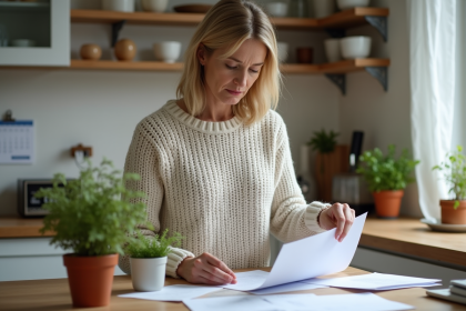 Femme lisant des papiers dans sa cuisine en mars