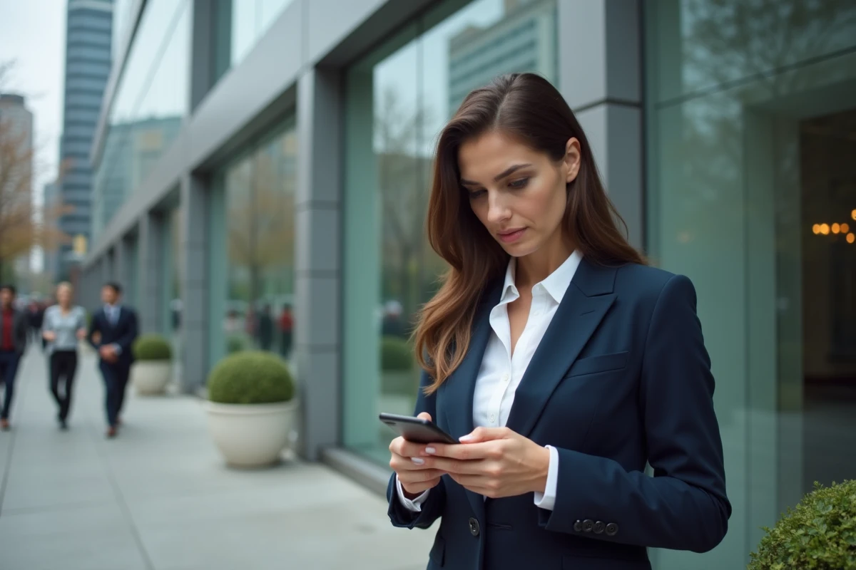 Femme cadre regardant son téléphone devant un immeuble de bureaux après un licenciement, représentant la question des droits à l'indemnisation chômage