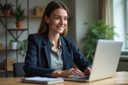 Femme professionnelle optimisant son profil en ligne sur un ordinateur portable dans un bureau moderne