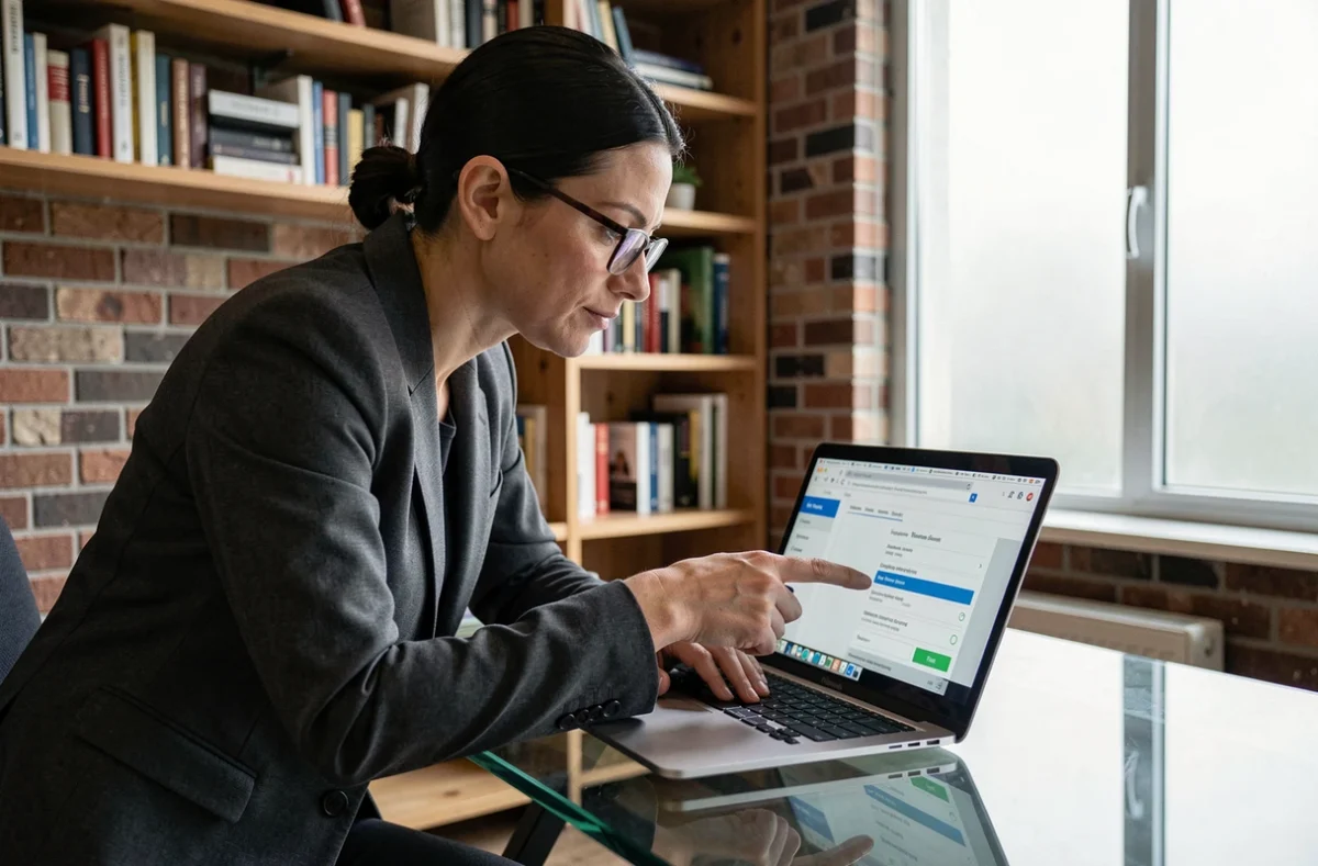 Femme avec lunettes configurant les premiers paramètres d'une application de connexion sur un ordinateur portable dans un bureau à domicile