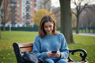 Femme assise dans un parc urbain utilisant son smartphone