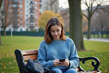 Femme assise dans un parc urbain utilisant son smartphone