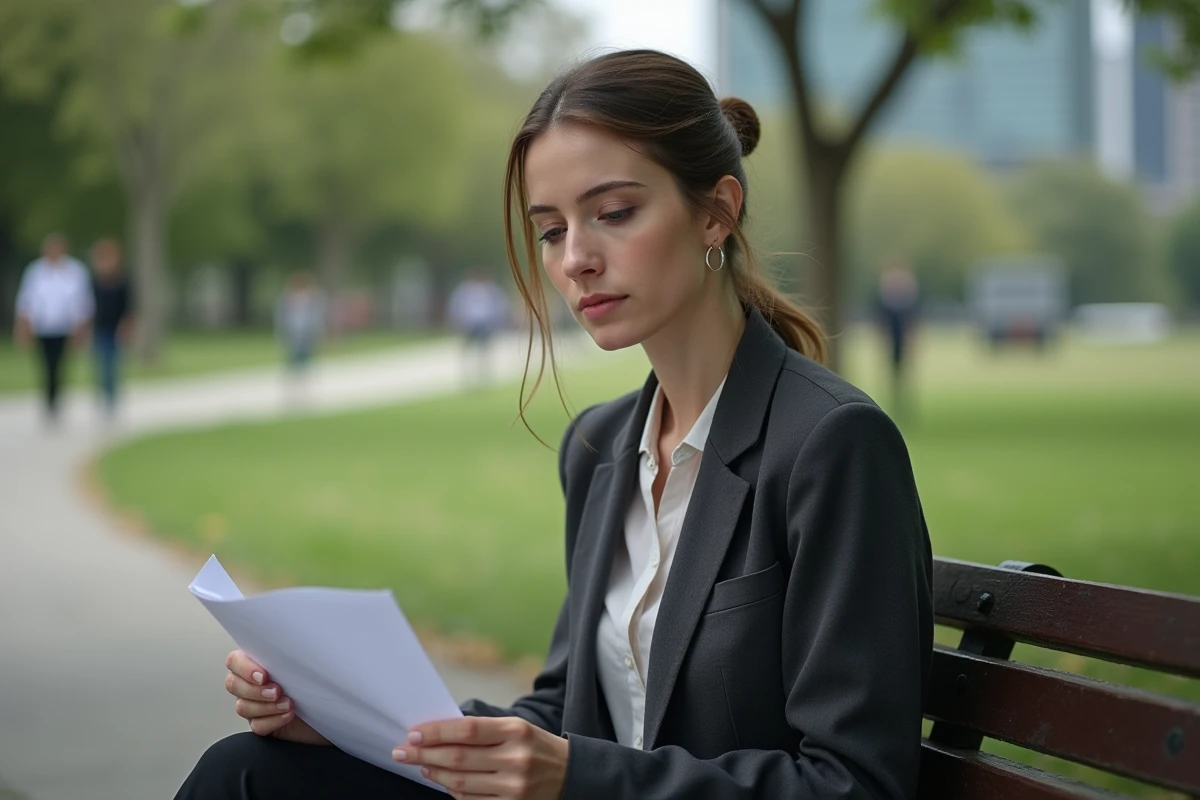 Femme en extérieur consulte ses papiers d