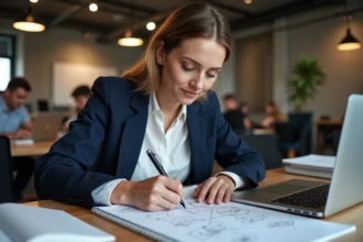 Femme en blazer marine prenant des notes sur un plan d'action dans un espace de coworking moderne