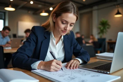Femme en blazer marine prenant des notes sur un plan d'action dans un espace de coworking moderne