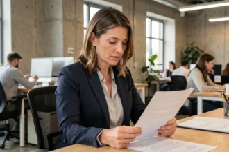 Femme professionnelle en portage salarial examinant un contrat dans un espace de coworking moderne