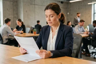 Femme professionnelle en portage salarial révisant un contrat dans un espace de coworking moderne