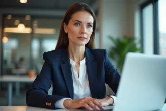 Femme en blazer navy travaillant sur son ordinateur dans un bureau moderne
