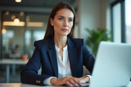Femme en blazer navy travaillant sur son ordinateur dans un bureau moderne
