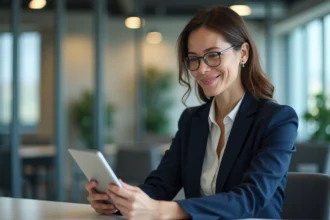 Femme d'affaires en blazer navy utilisant une tablette au bureau