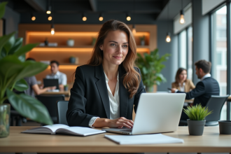 Femme professionnelle en bureau moderne avec ordinateur portable