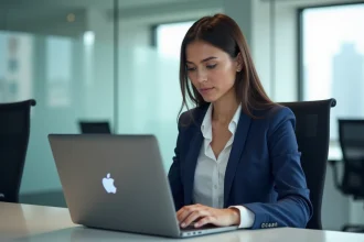 Femme en blazer bleu utilisant son ordinateur au bureau