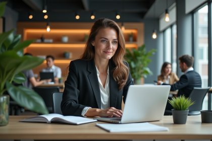 Femme professionnelle en bureau moderne avec ordinateur portable