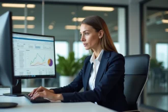 Une professionnelle utilisant un logiciel CRM de gestion des prospects sur double écran dans un bureau moderne