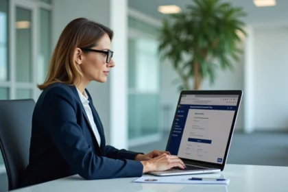Femme professionnelle utilisant le portail Prodouane sur un ordinateur portable dans un bureau d'entreprise moderne