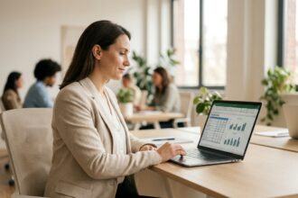Femme professionnelle consultant des données de rémunération sur un ordinateur portable dans un bureau moderne