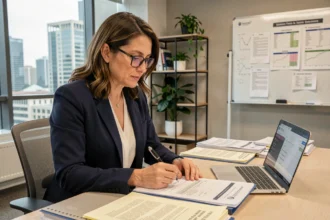Femme professionnelle consultant des dossiers de demande de subventions territoriales dans un bureau moderne