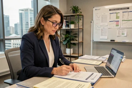 Femme professionnelle consultant des dossiers de demande de subventions territoriales dans un bureau moderne