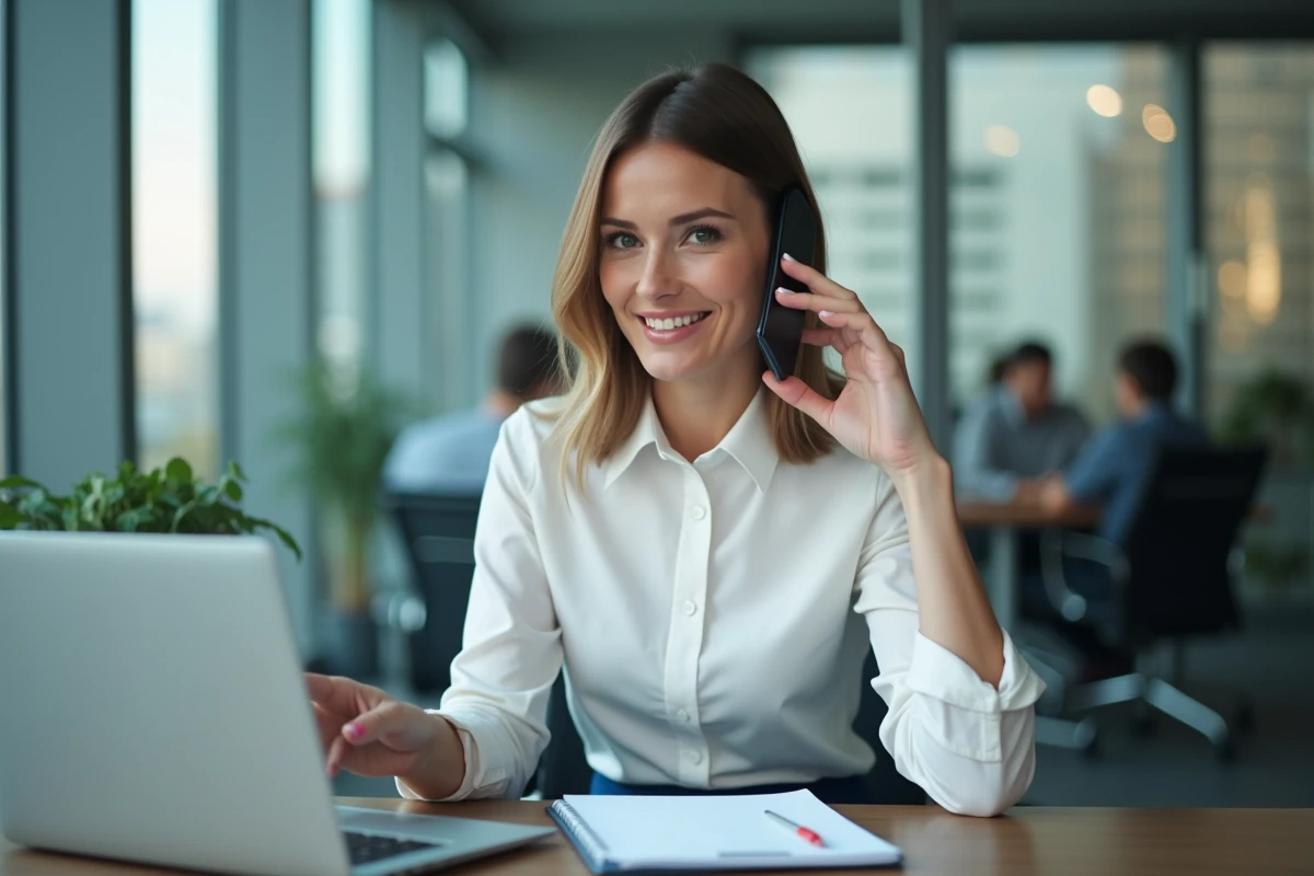 Femme professionnelle parlant au téléphone dans un bureau moderne