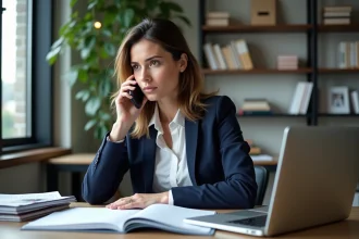 Femme professionnelle au bureau parlant au téléphone