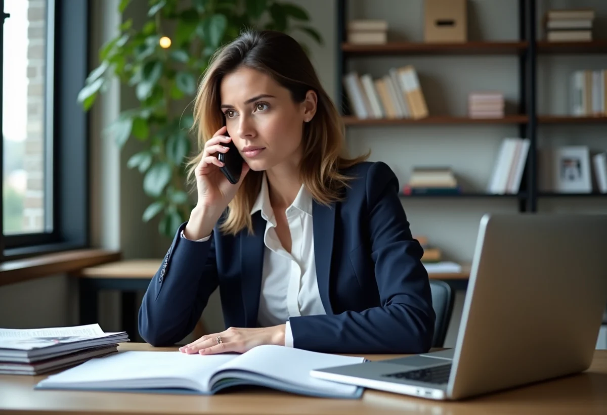 Femme professionnelle au bureau parlant au téléphone