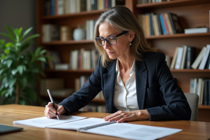 Femme d'âge moyen en blazer examine des documents de propriété intellectuelle