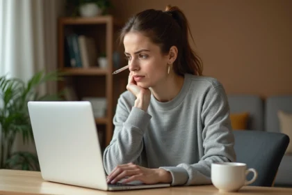 Femme consultant son ordinateur portable pour récupérer un identifiant Nibelis oublié depuis son bureau à domicile