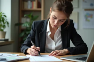 Femme professionnelle rédigeant une lettre d'annulation de contrat de travail à son bureau à domicile