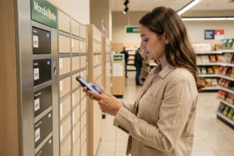 Femme récupérant un colis dans un point relais Mondial Relay en supermarché avec son smartphone