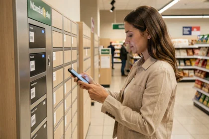 Femme récupérant un colis dans un point relais Mondial Relay en supermarché avec son smartphone
