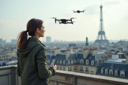 Jeune femme professionnelle surveillant des drones à Paris