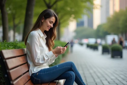 Femme souriante utilisant son smartphone dans un parc urbain