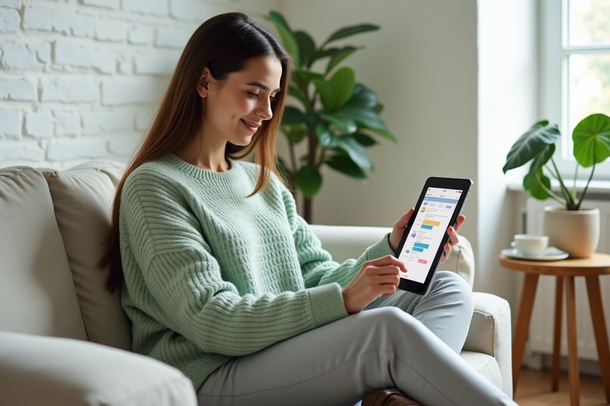 Jeune femme consultant un tableau de bord de gestion de projet sur tablette dans un bureau minimaliste à domicile
