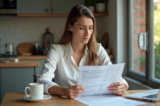 Femme au bureau examinant des documents dans une cuisine moderne