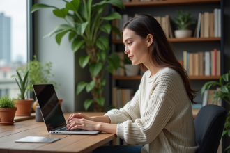Femme en télétravail dans un bureau cosy et moderne