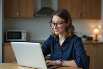 Femme travaillant sur son ordinateur dans un appartement parisien