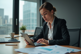 Femme en bureau moderne consulte des graphiques sur tablette