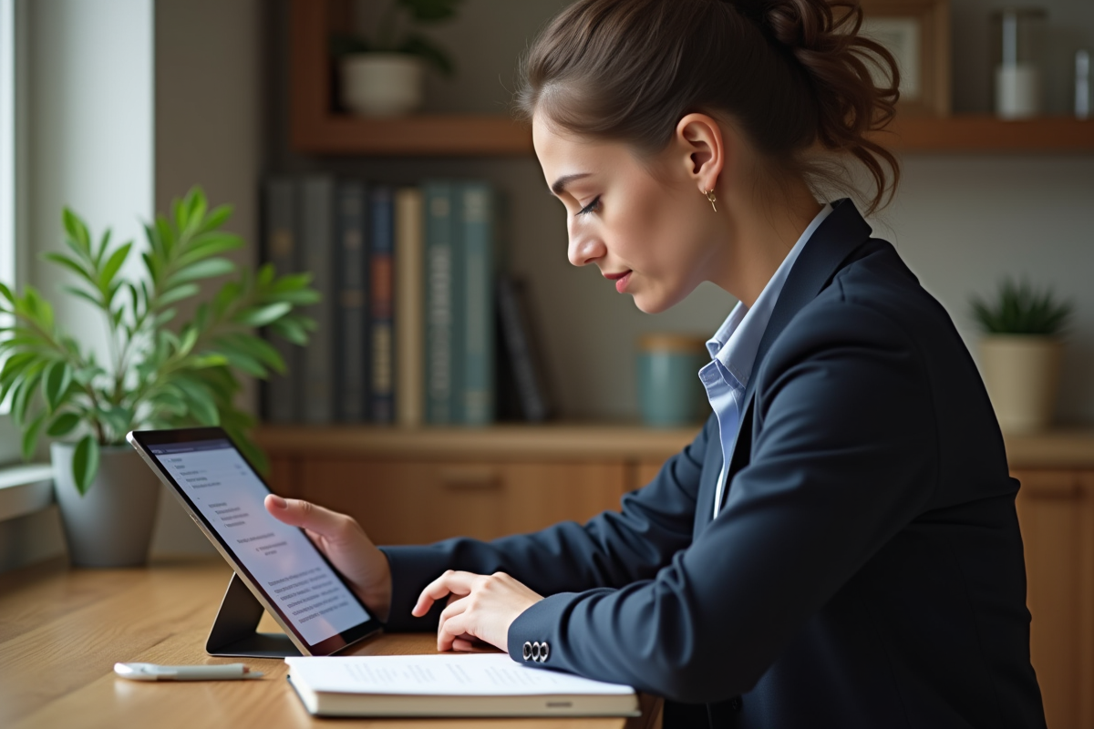 Jeune femme au travail recherchant Article 49 2 à la maison