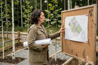 Femme urbaniste présentant un plan de transition écologique locale sur un panneau de liège en bordure de forêt urbaine