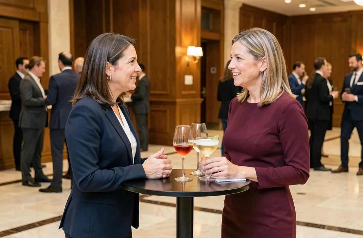 Deux femmes d'affaires en discussion stratégique lors d'un événement de partenariat B2B dans un hôtel moderne