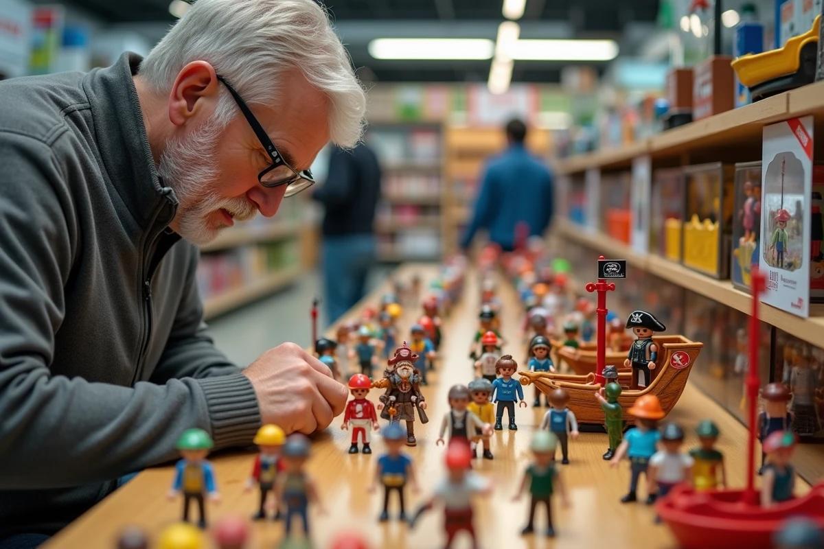 Homme inspectant des figurines Playmobil en démonstration sur une table de présentation dans un outlet d'usine
