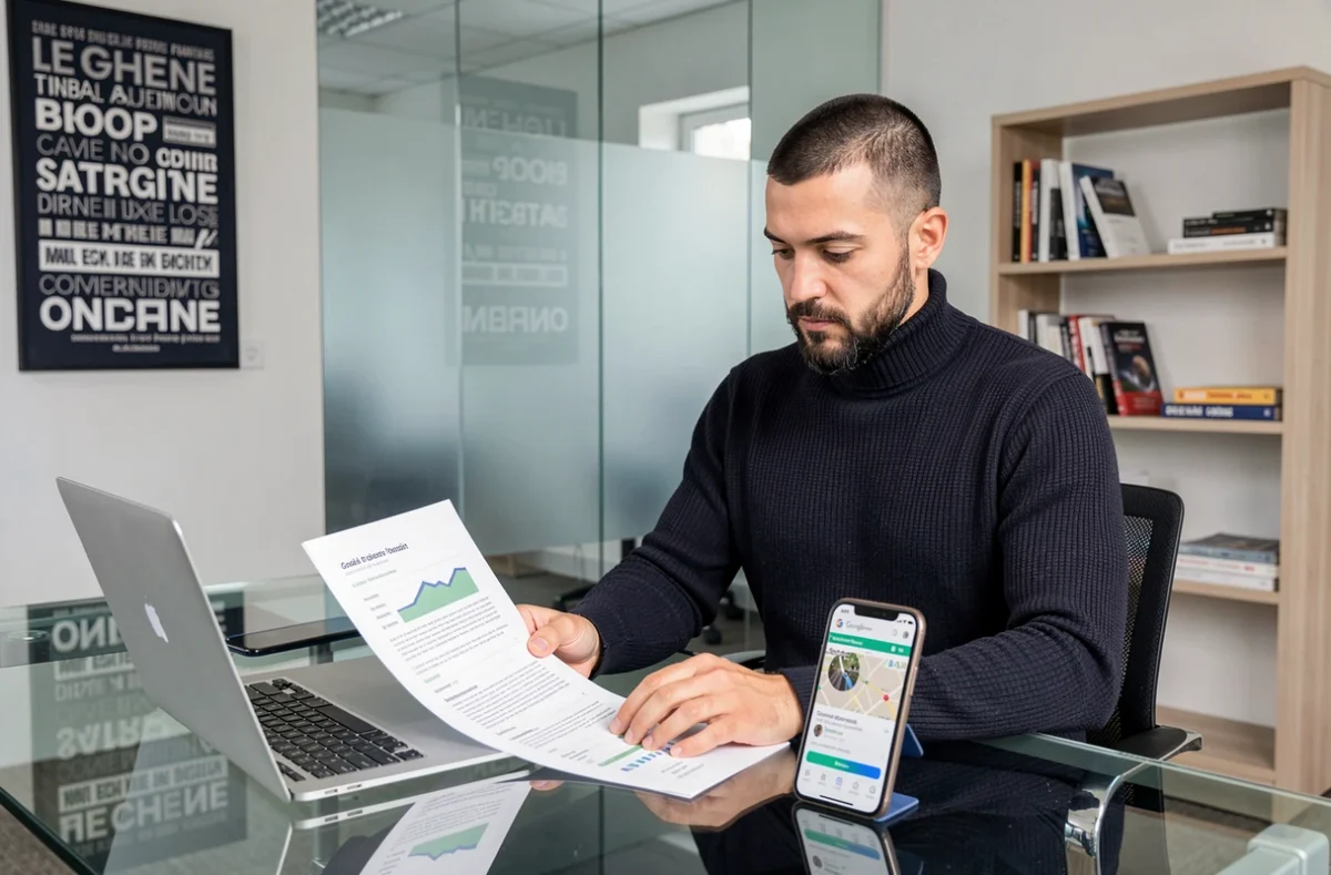 Expert en référencement local de Flerseo examinant un audit SEO et une fiche Google dans un bureau professionnel