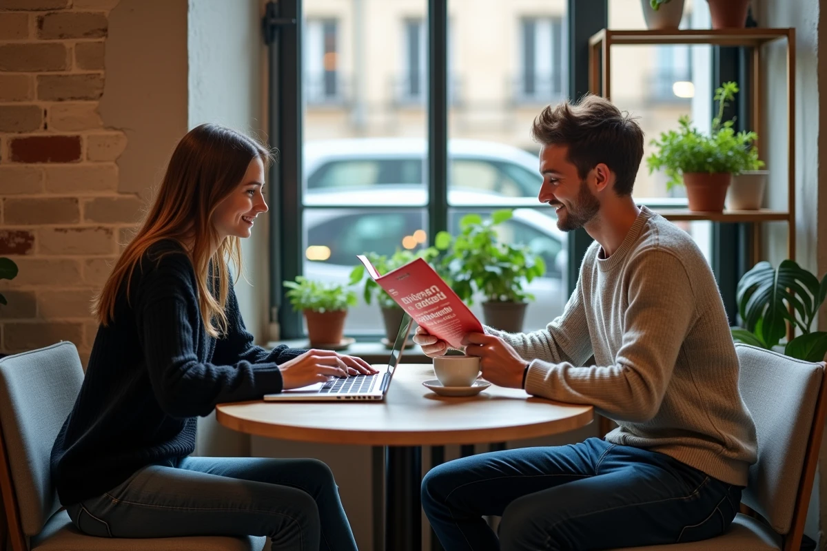 Deux jeunes fondateurs de startup examinant le programme de l'événement lesentreprisesfrenchy 2026 dans un espace de coworking parisien