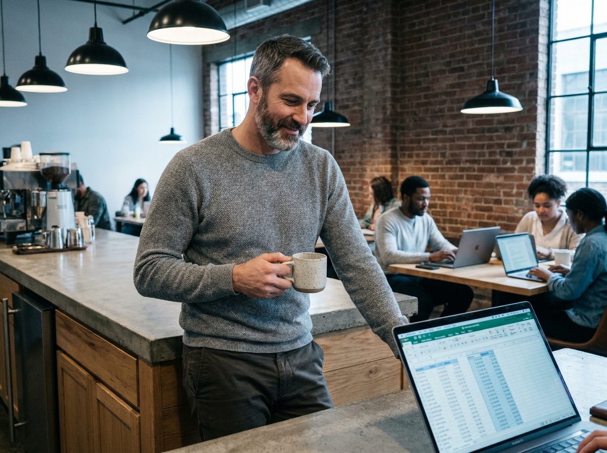 Freelance masculin consultant ses revenus en tant que porté salarial ou micro-entrepreneur dans un espace de coworking
