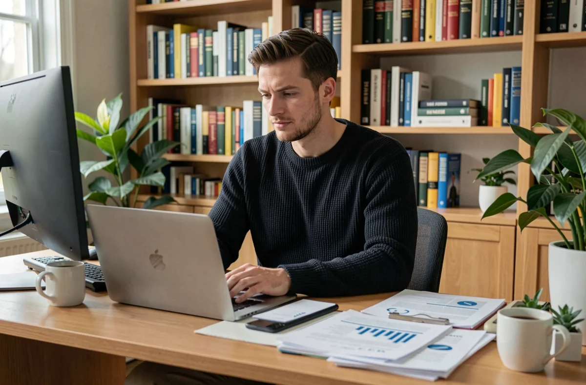 Freelance en portage salarial travaillant depuis son bureau à domicile avec des documents administratifs