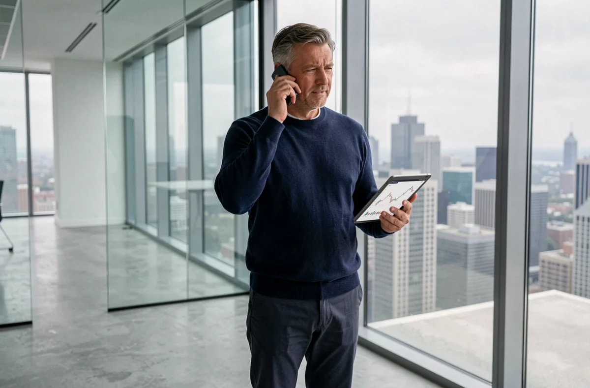 Freelance en portage salarial consultant des données financières depuis un bureau avec vue sur la ville