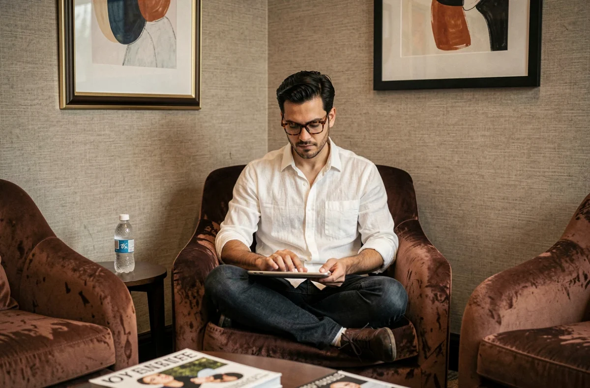 Freelance travaillant sur une tablette dans un espace coworking cosy et feutré d'un hôtel de luxe